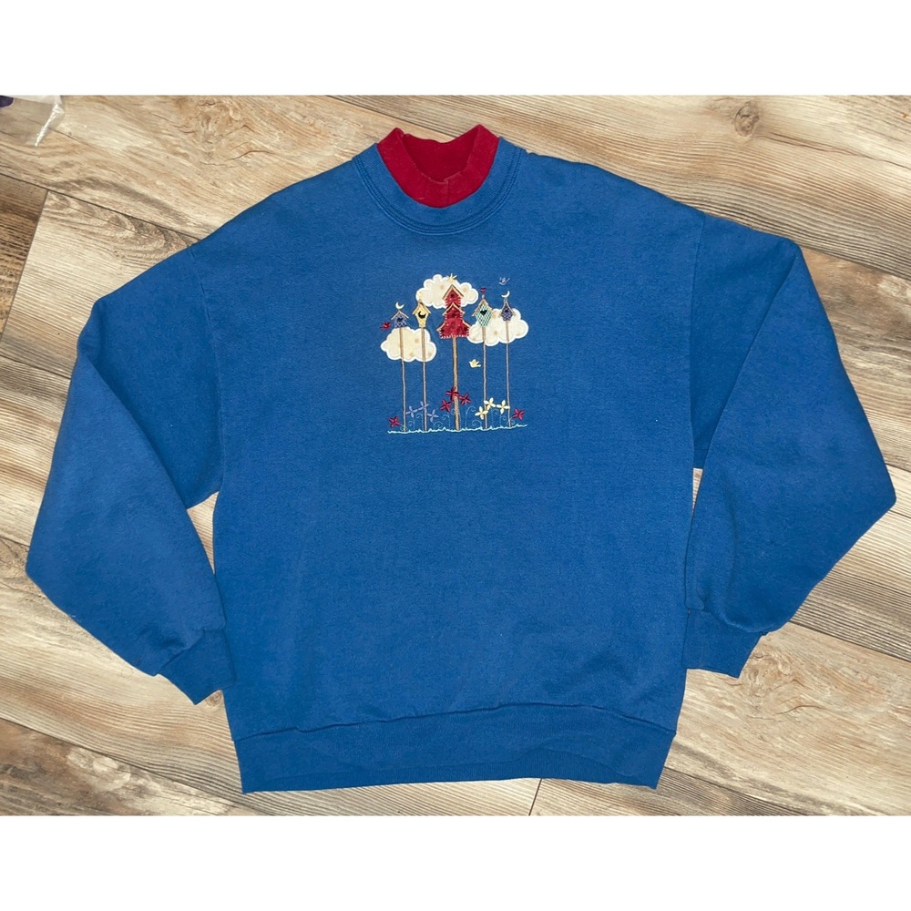 Birdhouse Womens Large Blue Crew Neck Embroidered Grandma
